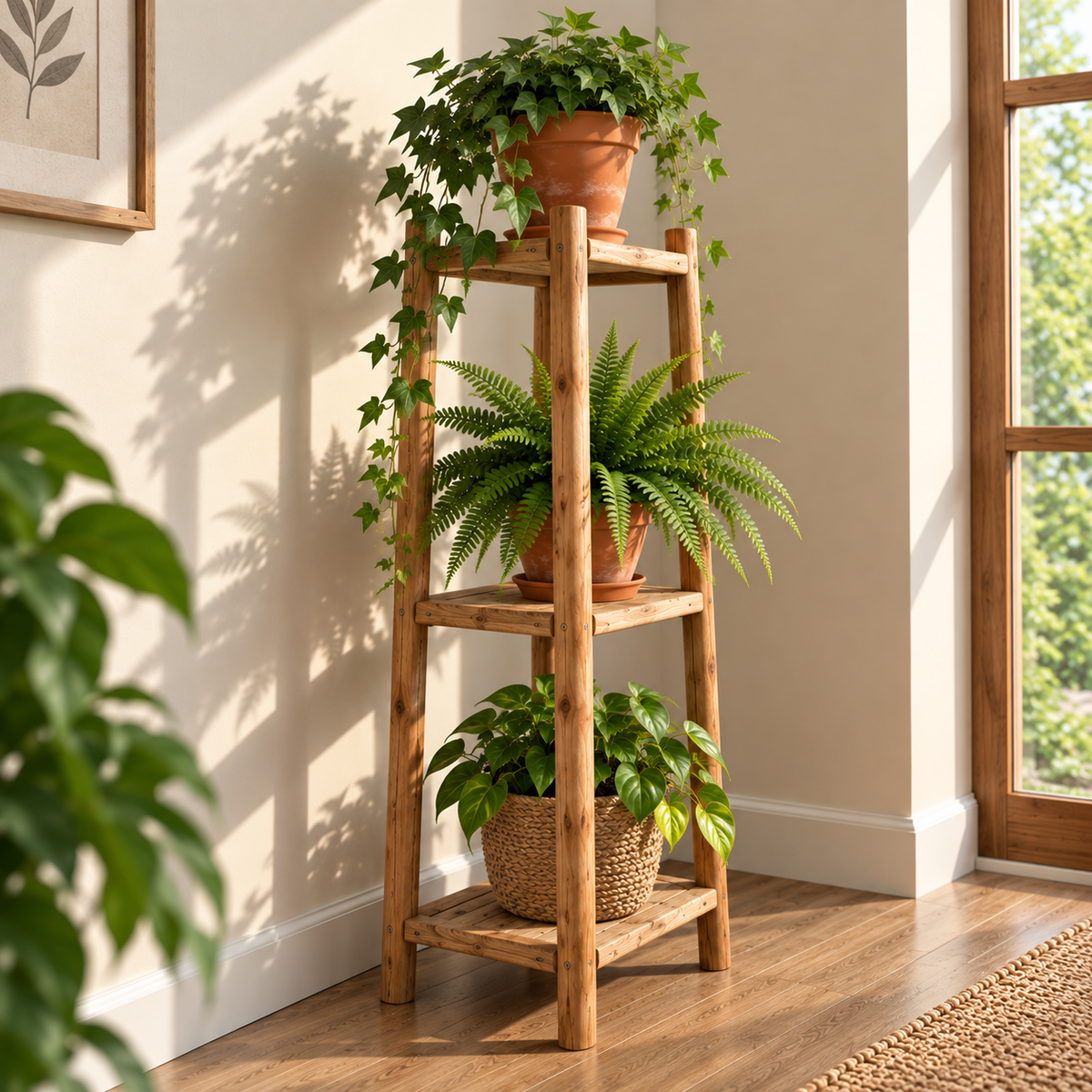 Rustic Wooden Plant Stand for Indoor Plants | 3-Tier Multi-Level Plant Shelf for Living Room, Balcony & Small Spaces