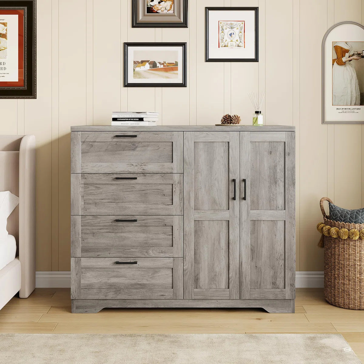43.3" H Multifunctional Wooden Armoire with 4 Drawers, Hanging Rod & Storage Cabinet for Bedroom-OUCH CART | Wardrobe