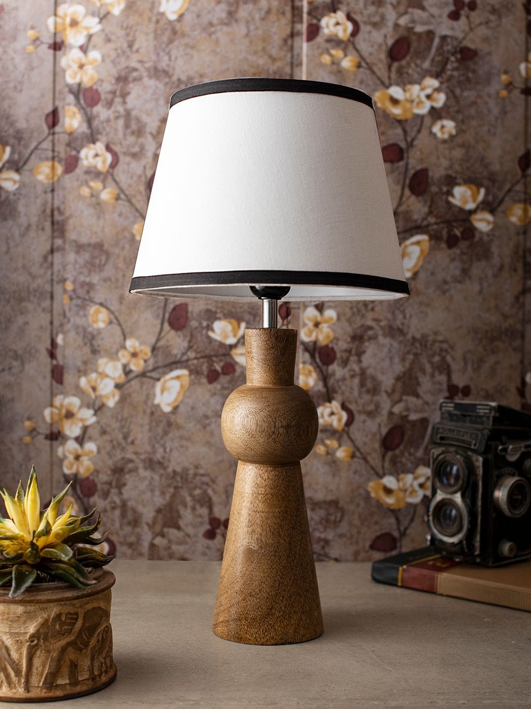 Wooden Skirt Lamp with White Cotton Shade