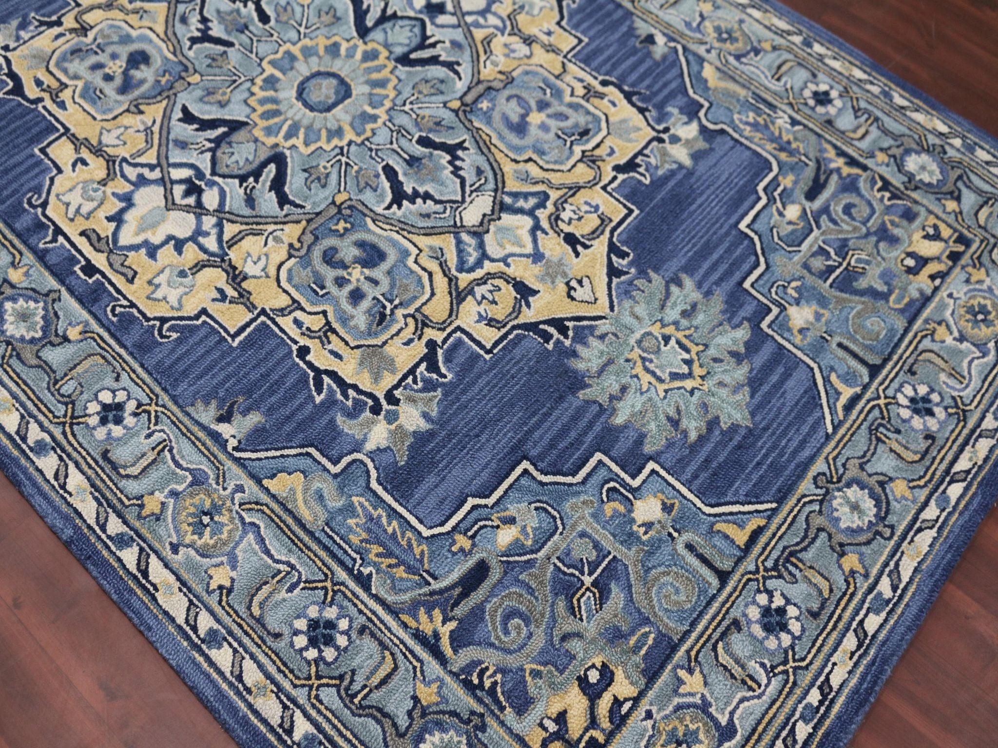 STEEL BLUE Wool Boho 5X8 Feet Hand-Tufted Carpet - Rug - Ouch Cart