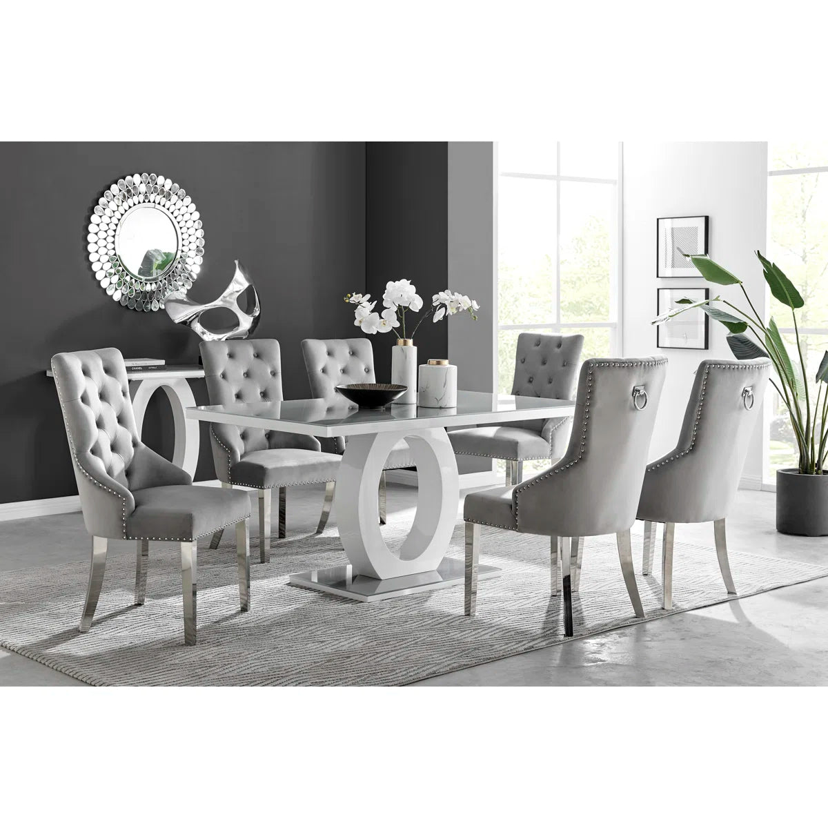 Scottsmoor Halo Dining Table Set in Modern High Gloss with 6 Luxury Velvet Dining Chairs- OUCH CART