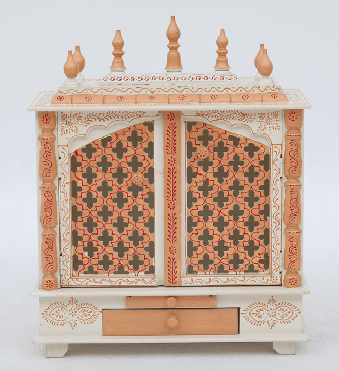 White And Gold Mango Wood & MDF Pooja Mandir With Door, - Ouch Cart