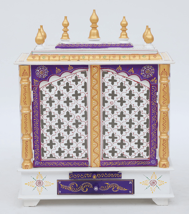 Red And White Mango Wood & MDF Pooja Mandir With Door, - Ouch Cart