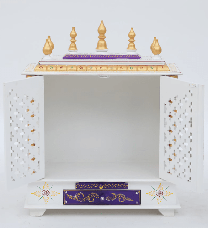 Red And White Mango Wood & MDF Pooja Mandir With Door, - Ouch Cart