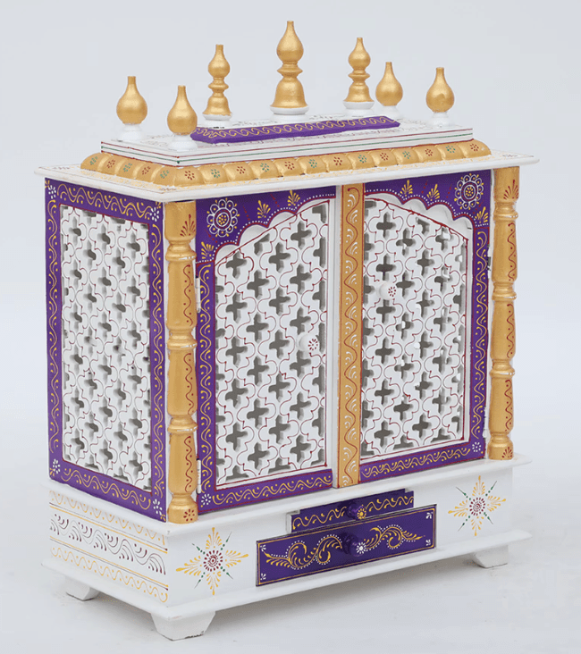 Red And White Mango Wood & MDF Pooja Mandir With Door, - Ouch Cart