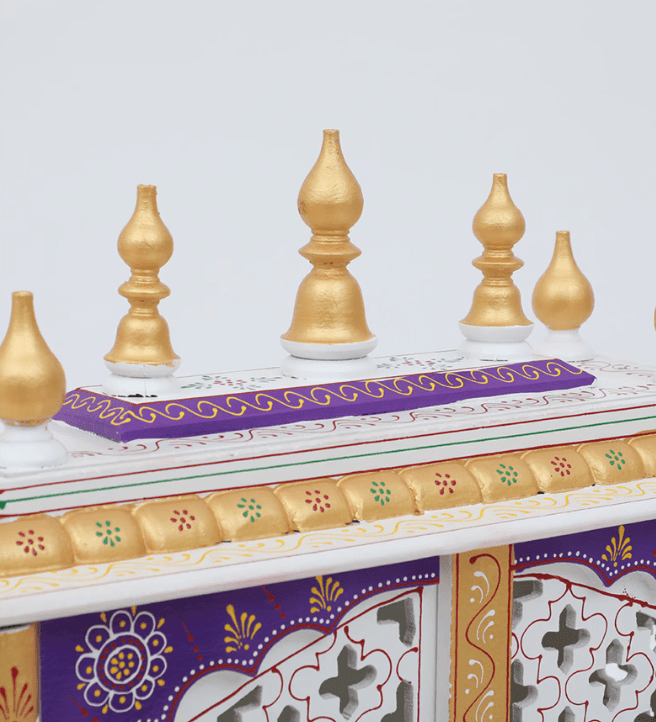 Red And White Mango Wood & MDF Pooja Mandir With Door, - Ouch Cart