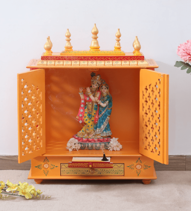 Red & Gold Mango Wood & MDF Pooja Mandir With Door, - Ouch Cart