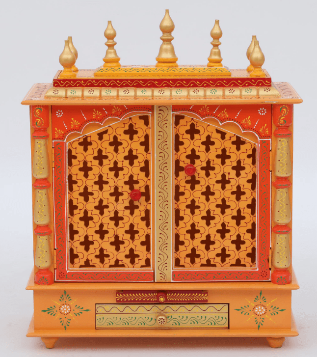 Red & Gold Mango Wood & MDF Pooja Mandir With Door, - Ouch Cart