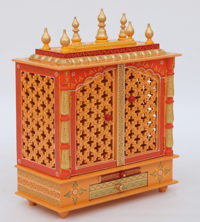 Red & Gold Mango Wood & MDF Pooja Mandir With Door, - Ouch Cart