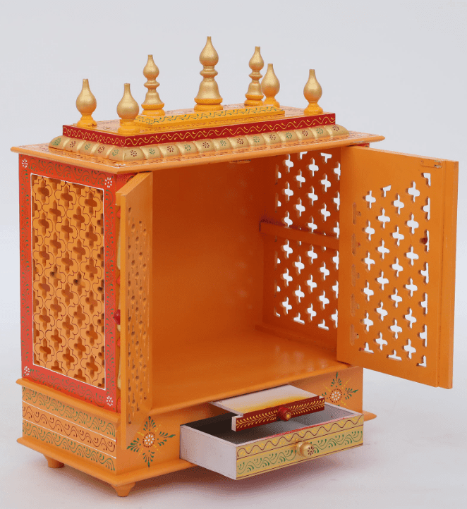 Red & Gold Mango Wood & MDF Pooja Mandir With Door, - Ouch Cart