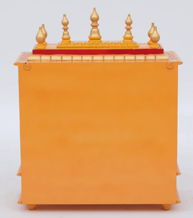 Red & Gold Mango Wood & MDF Pooja Mandir With Door, - Ouch Cart