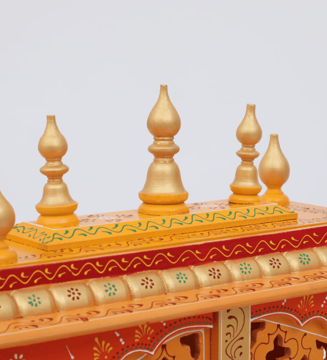 Red & Gold Mango Wood & MDF Pooja Mandir With Door, - Ouch Cart