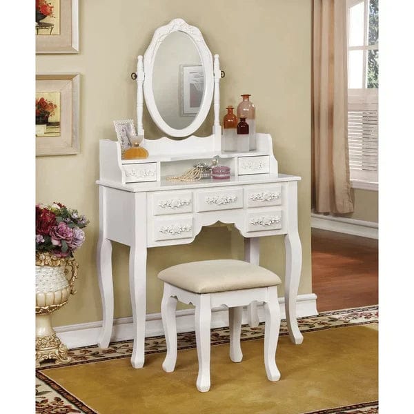 Zoey Vanity dressing table wooden with mirror with stool,  Vanity Desk with Mirror, Wood Makeup Dressing Table with Oval Mirror & Stool, Modern Bedroom Dressing Table with 7 Large Drawers for Kids Women Girls,White