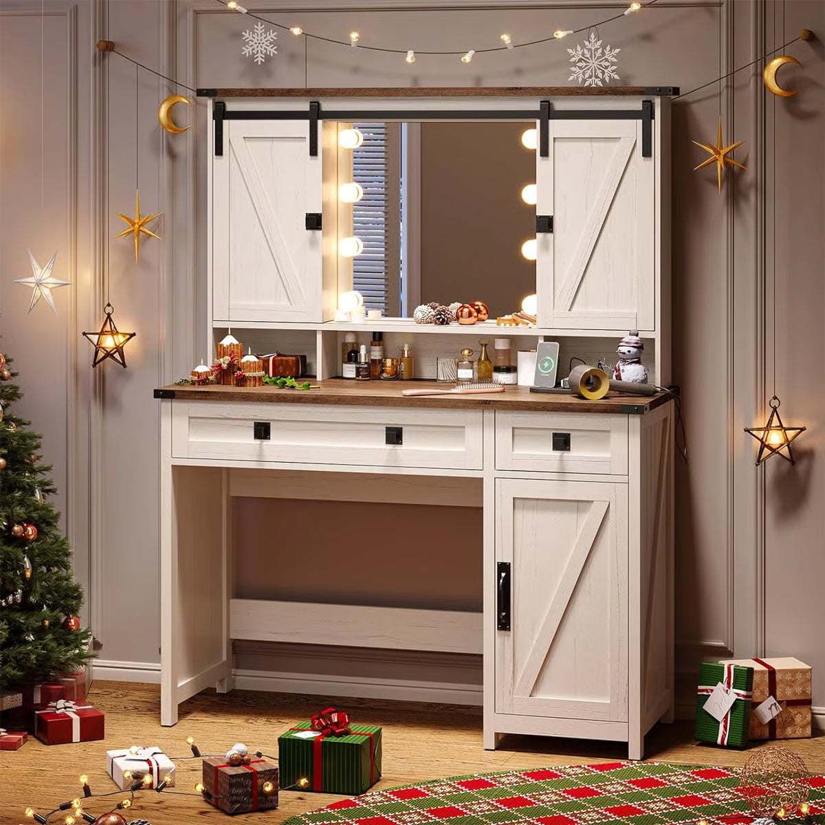 Shiala Farmhouse Makeup Vanity Table 41" with Mirror and Storage Cabinets for Bedroom- OUCH CART | Dressing table