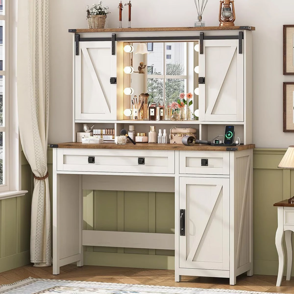 Shiala Farmhouse Makeup Vanity Table 41" with Mirror and Storage Cabinets for Bedroom