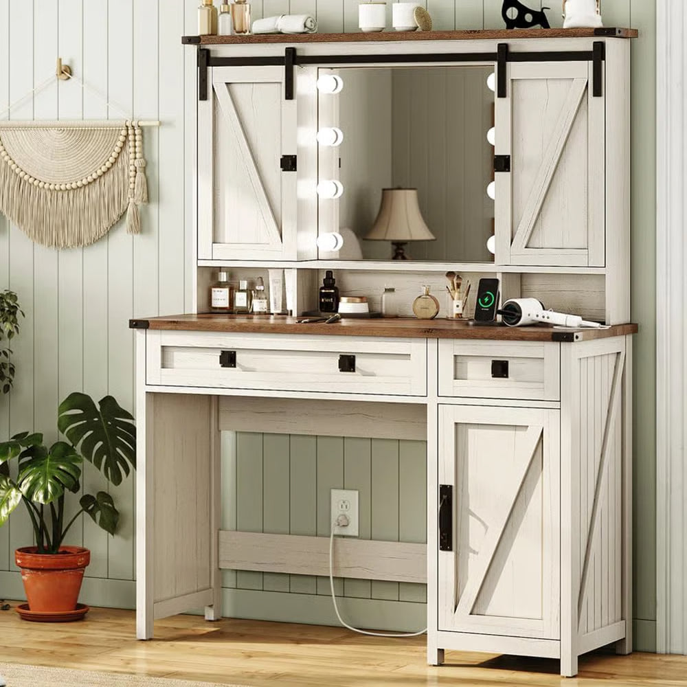Shiala Farmhouse Makeup Vanity Table 41" with Mirror and Storage Cabinets for Bedroom- OUCH CART | Dressing table
