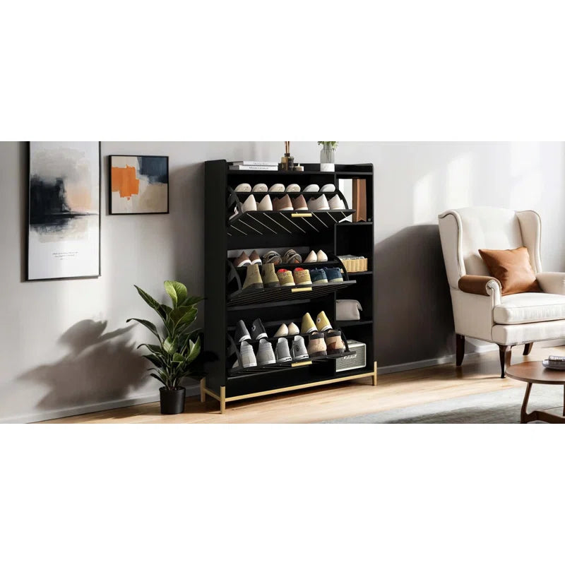 3 Flip Drawers & Open Shelves, Modern Entryway Shoe Storage Cabinet Slim, Narrow Hidden Shoe Rack