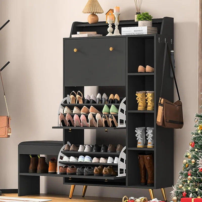 Cabinet With Upholstered Bench,Modern Shoe Storage Cabinet With 3 Flip Drawers,Narrow Shoe Rack Ouch Cart