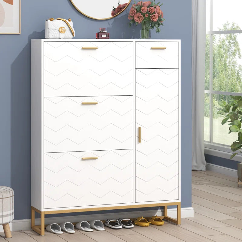 Free Standing Shoe Organizer with 3 Flip Drawers and Side Cabinet Ouch Cart