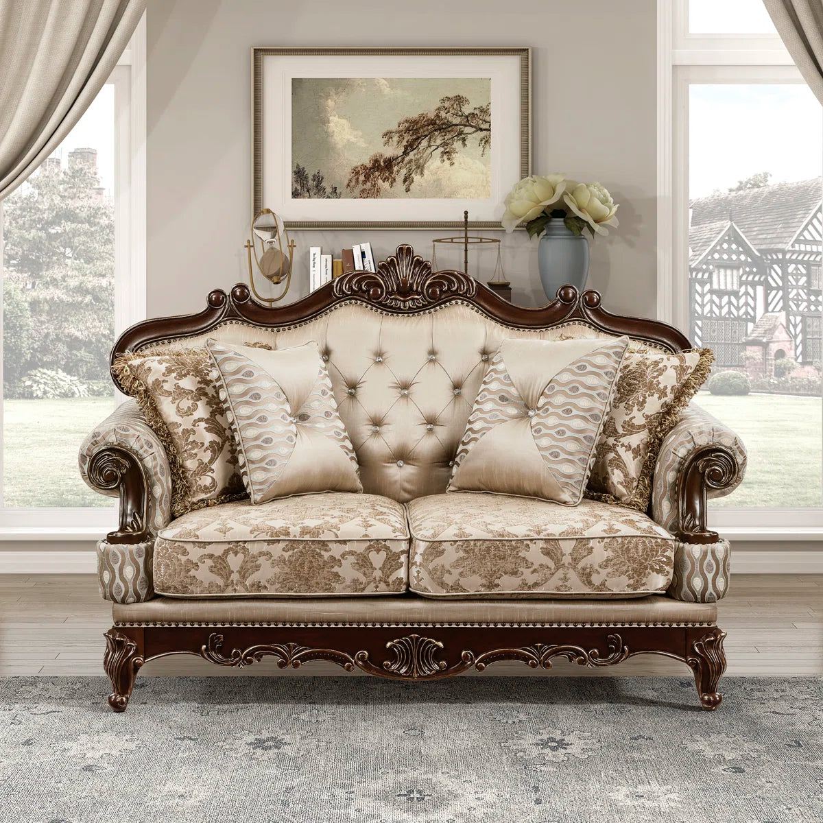Shonta 69.5" Traditional Upholstered Loveseat - Chenille Loveseat with Faux Crystal Tufted Design, Elegant Nailhead Trim, Luxurious Chenille & Silk-like Fabric, Durable Wood Frame with Cherry & Gold Finish, Reversible Seat Cushions