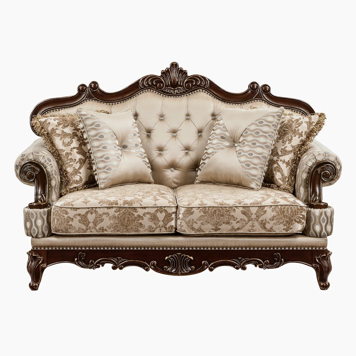 Shonta 69.5" Traditional Upholstered Loveseat - Chenille Loveseat with Faux Crystal Tufted Design, Elegant Nailhead Trim, Luxurious Chenille & Silk-like Fabric, Durable Wood Frame with Cherry & Gold Finish, Reversible Seat Cushions