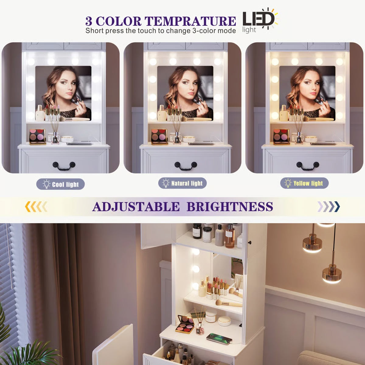 Small Lighted Makeup Vanity Table with Drawers and LED Mirror