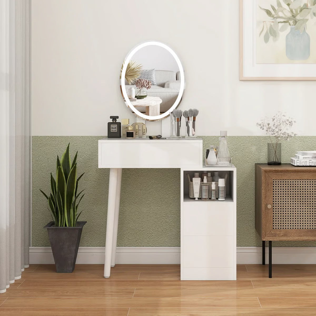 Space-Saving Small Makeup Vanity Table with Adjustable Lighted Mirror - OUCH CART | Dressing table
