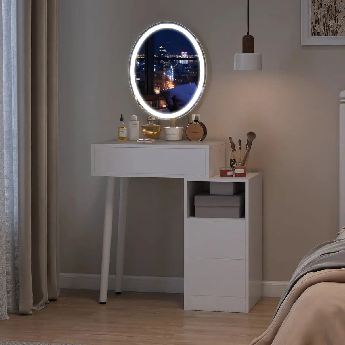 Space-Saving Small Makeup Vanity Table with Adjustable Lighted Mirror - OUCH CART | Dressing table