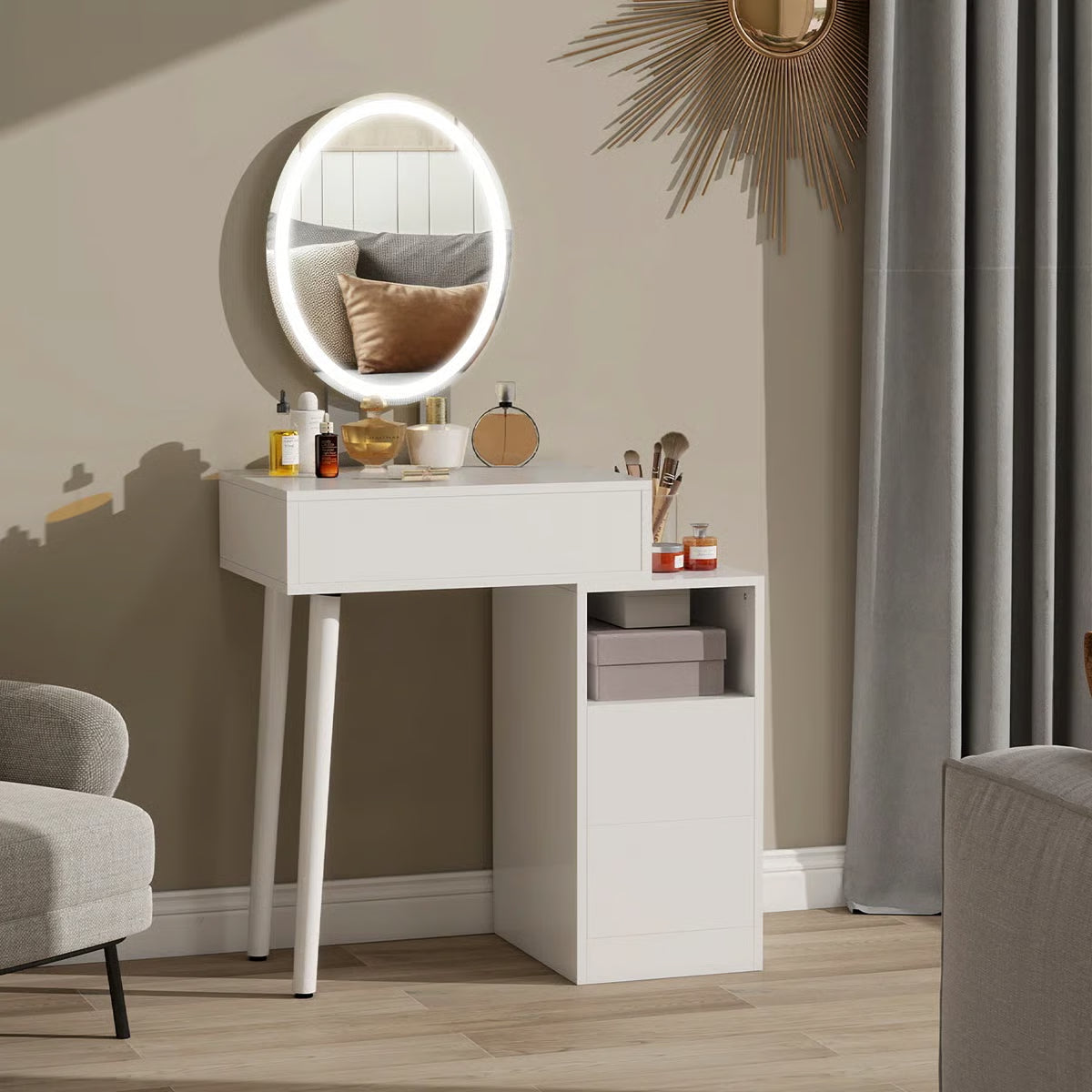 Space-Saving Small Makeup Vanity Table with Adjustable Lighted Mirror