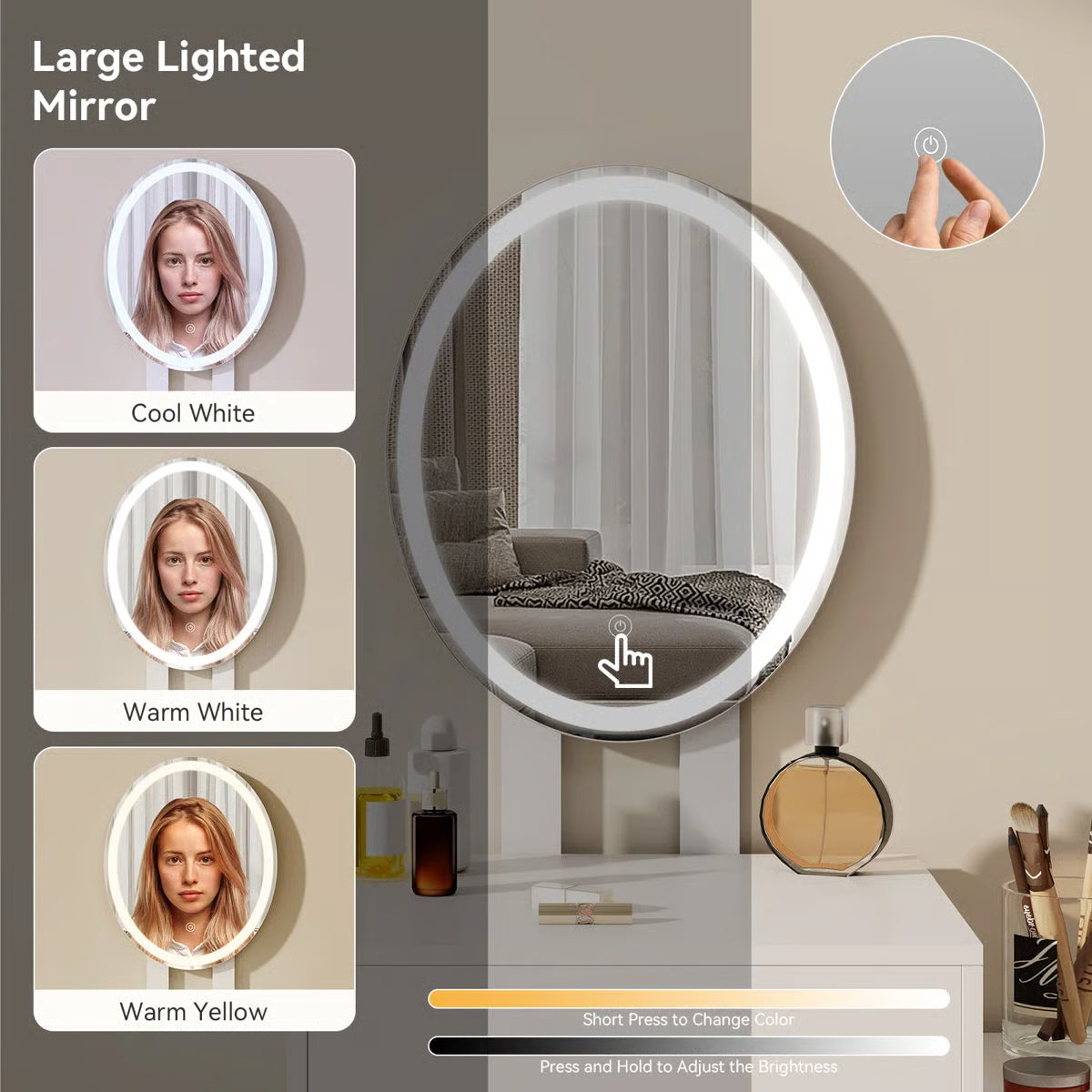 Space-Saving Small Makeup Vanity Table with Adjustable Lighted Mirror