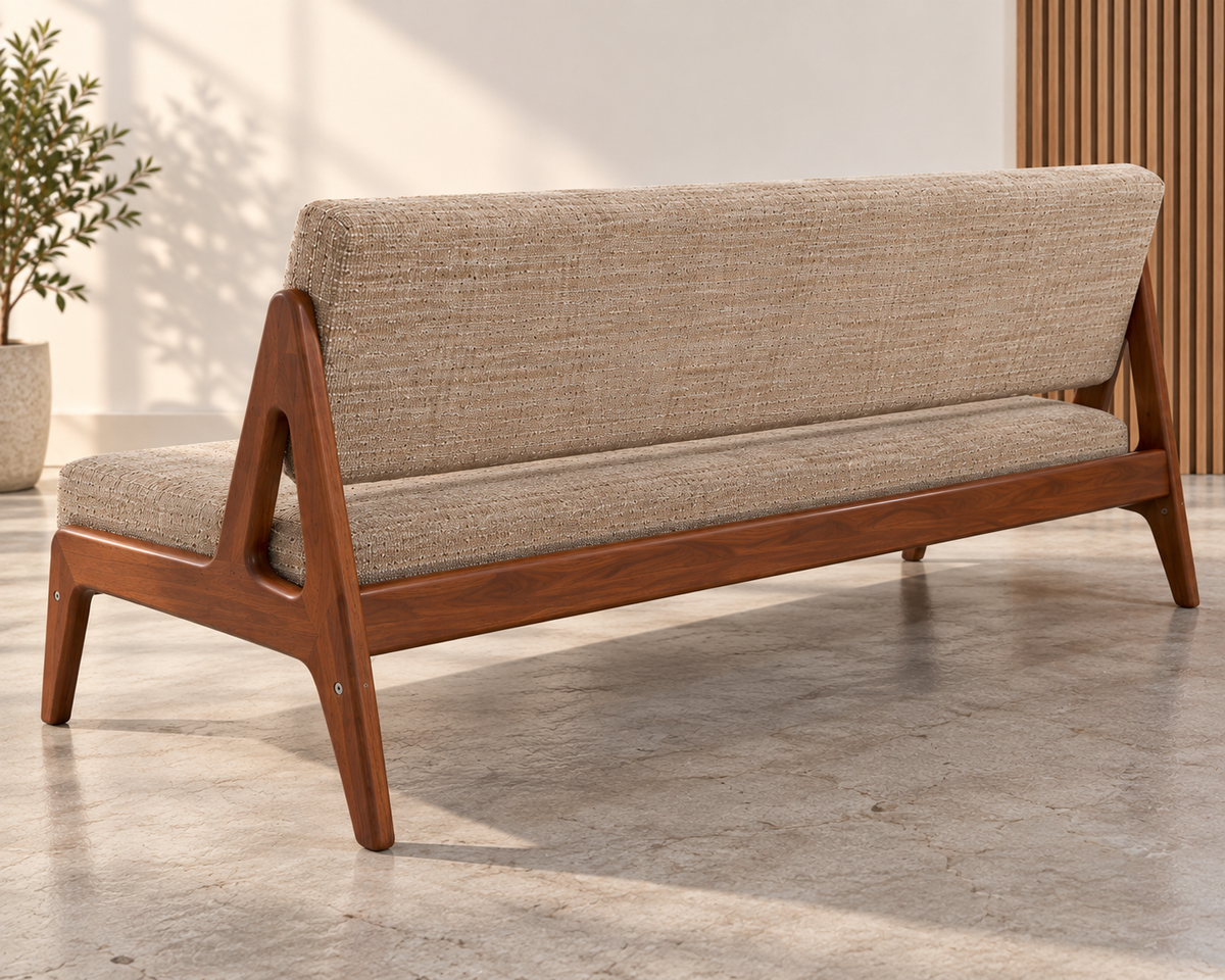 Solid Wood 3 Seater Sofa with Beige Upholstery | Mid-Century Modern Wooden Sofa with Sculpted A-Frame Legs for Living Room