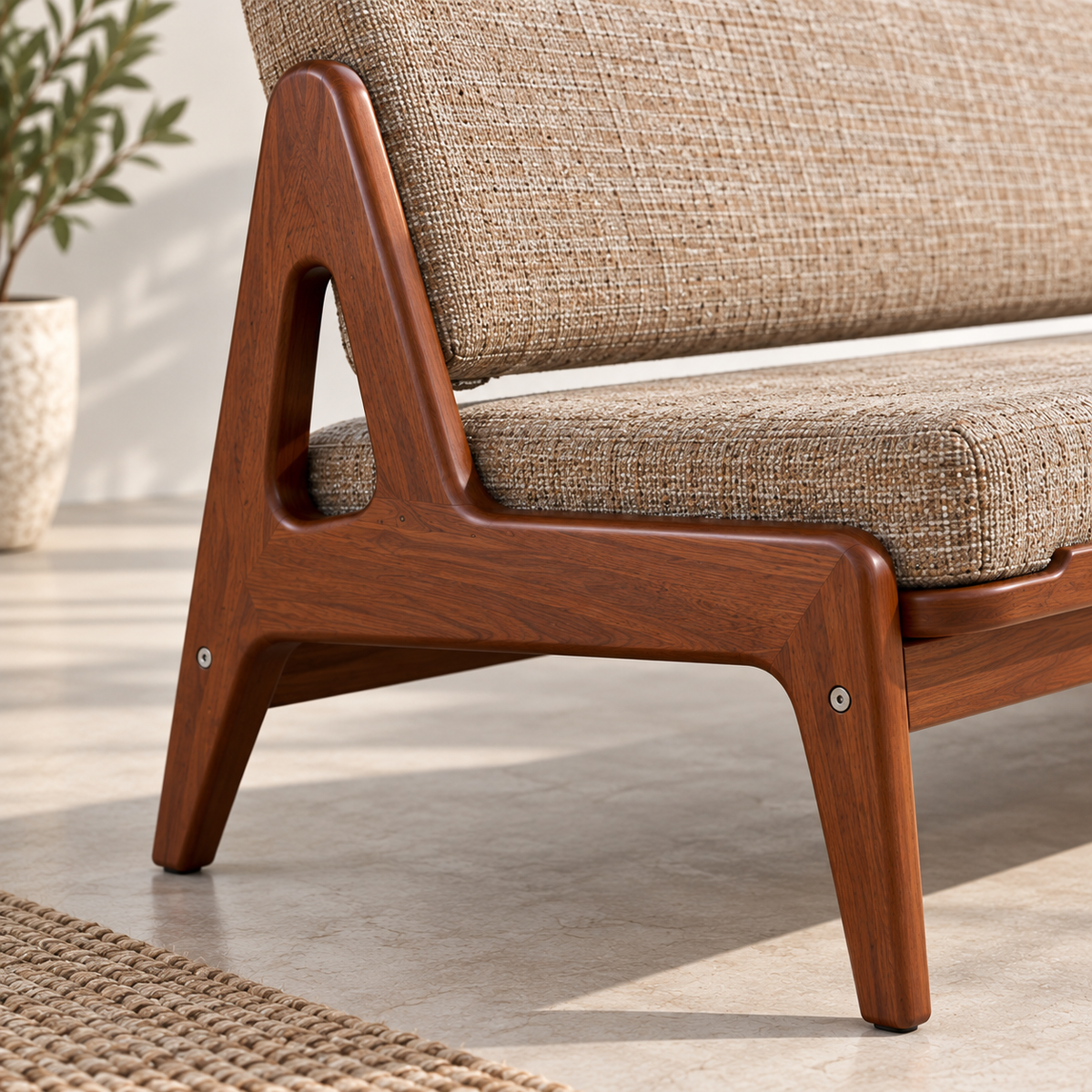Solid Wood 3 Seater Sofa with Beige Upholstery | Mid-Century Modern Wooden Sofa with Sculpted A-Frame Legs for Living Room
