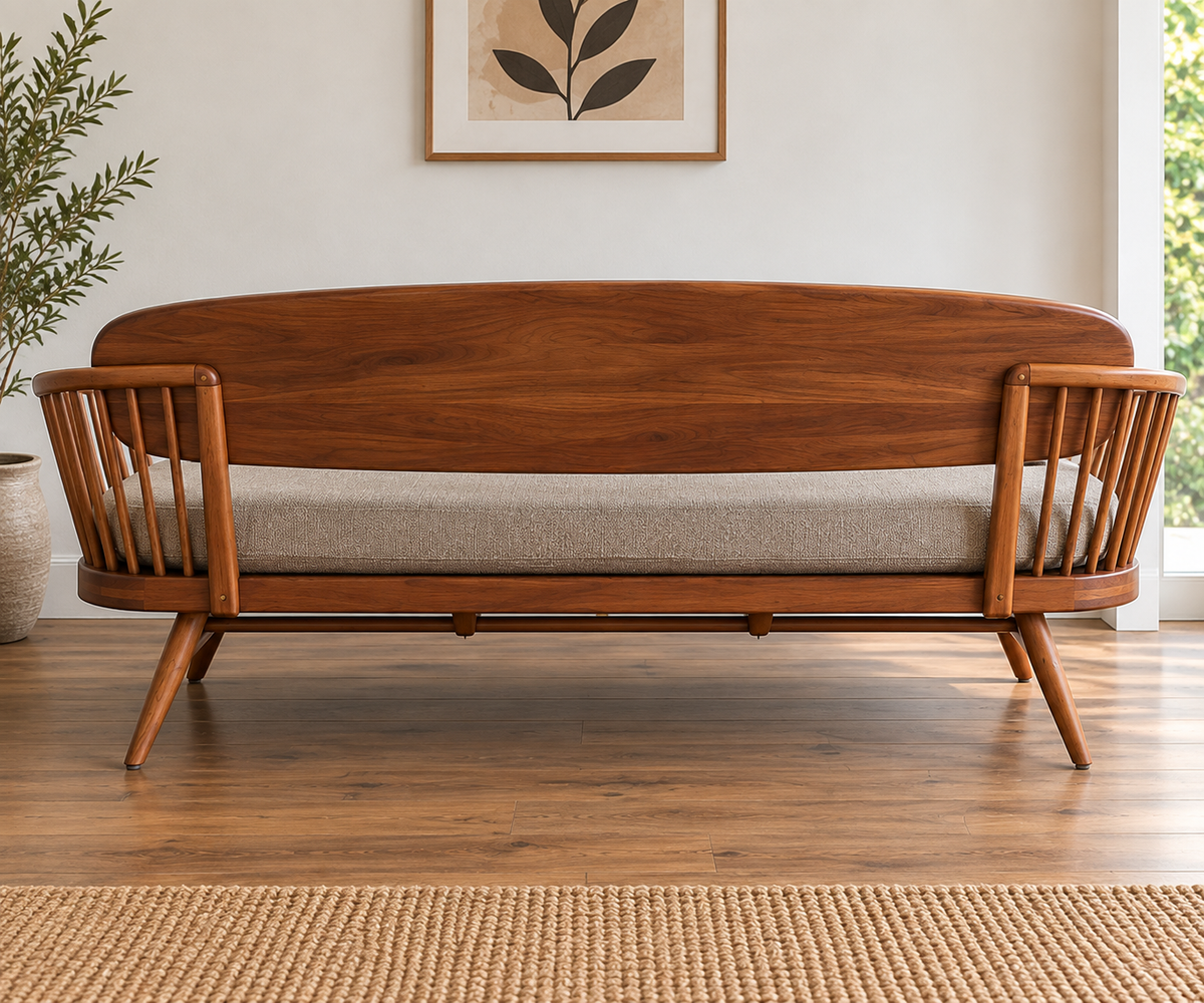 Solid Wood Mid-Century Modern Sofa 3 Seater Wooden Sofa with Cane Spindle Arms, Beige Cushion & Tapered Legs for Living Room