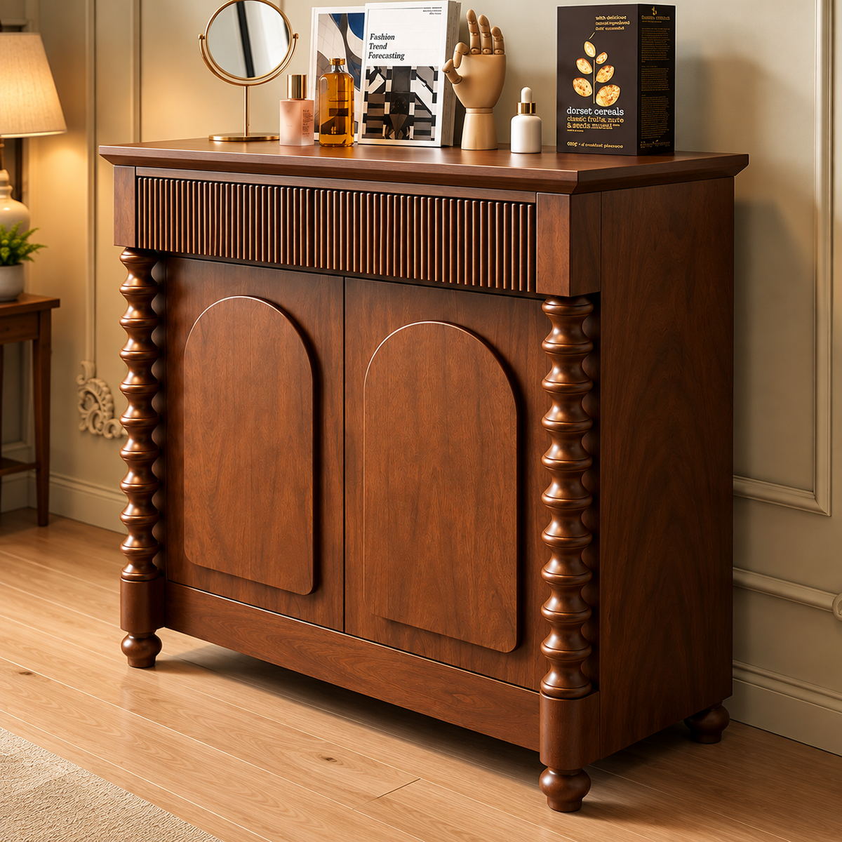 Solid Wood Storage Cabinet with 2 Doors, Fluted Front, Arched Panels & Carved Legs