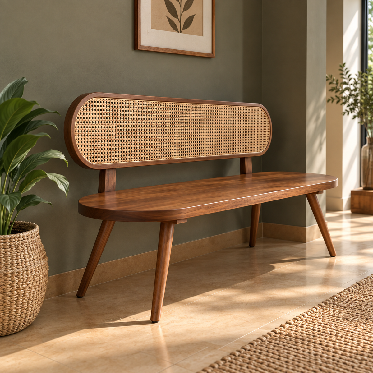 Solid Wooden Cane Bench for Living Room Mid-Century Modern 3 Seater Sofa Bench with Rattan Backrest, Walnut Finish & Tapered Legs OUCH CART