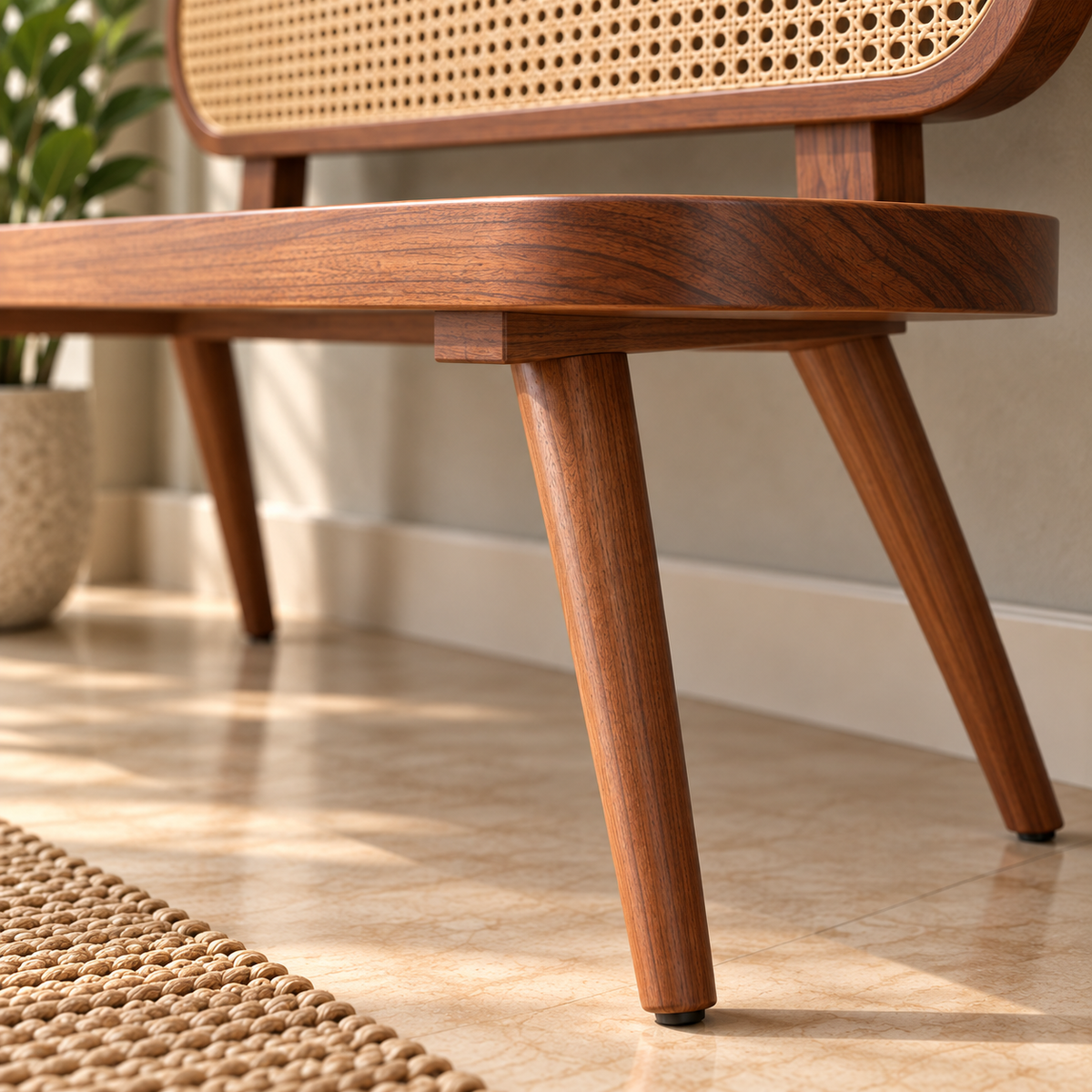 Solid Wooden Cane Bench for Living Room Mid-Century Modern 3 Seater Sofa Bench with Rattan Backrest, Walnut Finish & Tapered Legs OUCH CART