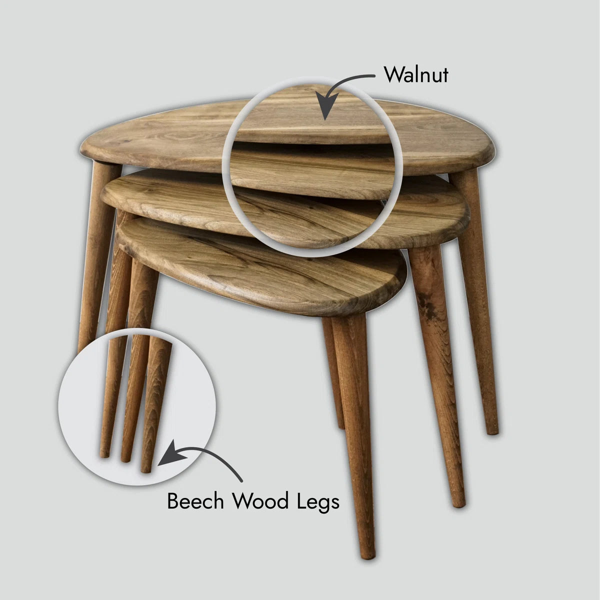 Solid Wood 3 Legs Nesting Tables -Walnut