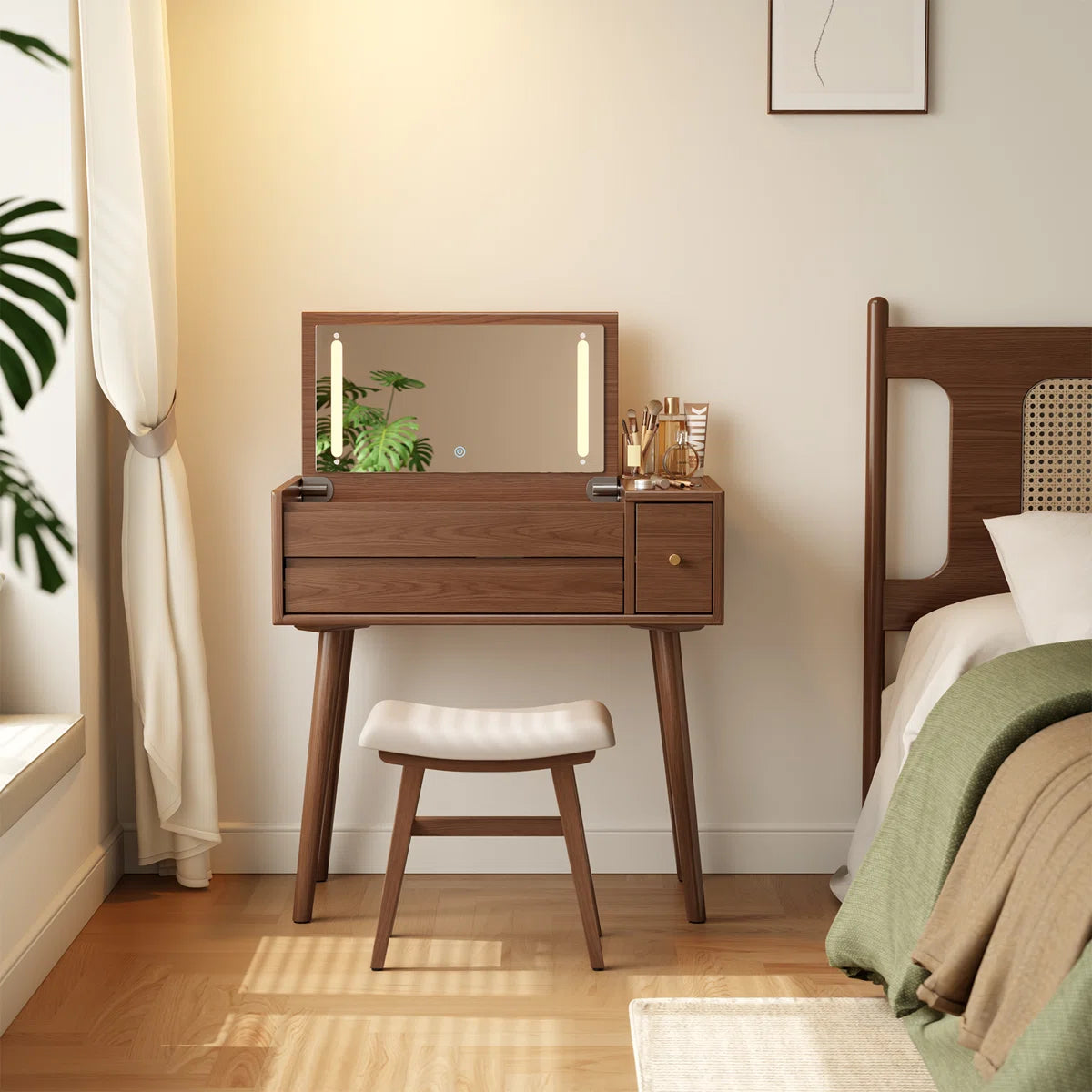 32" Solid Wood Flip-Up Mirror Vanity Desk with LED Lighting & Storage