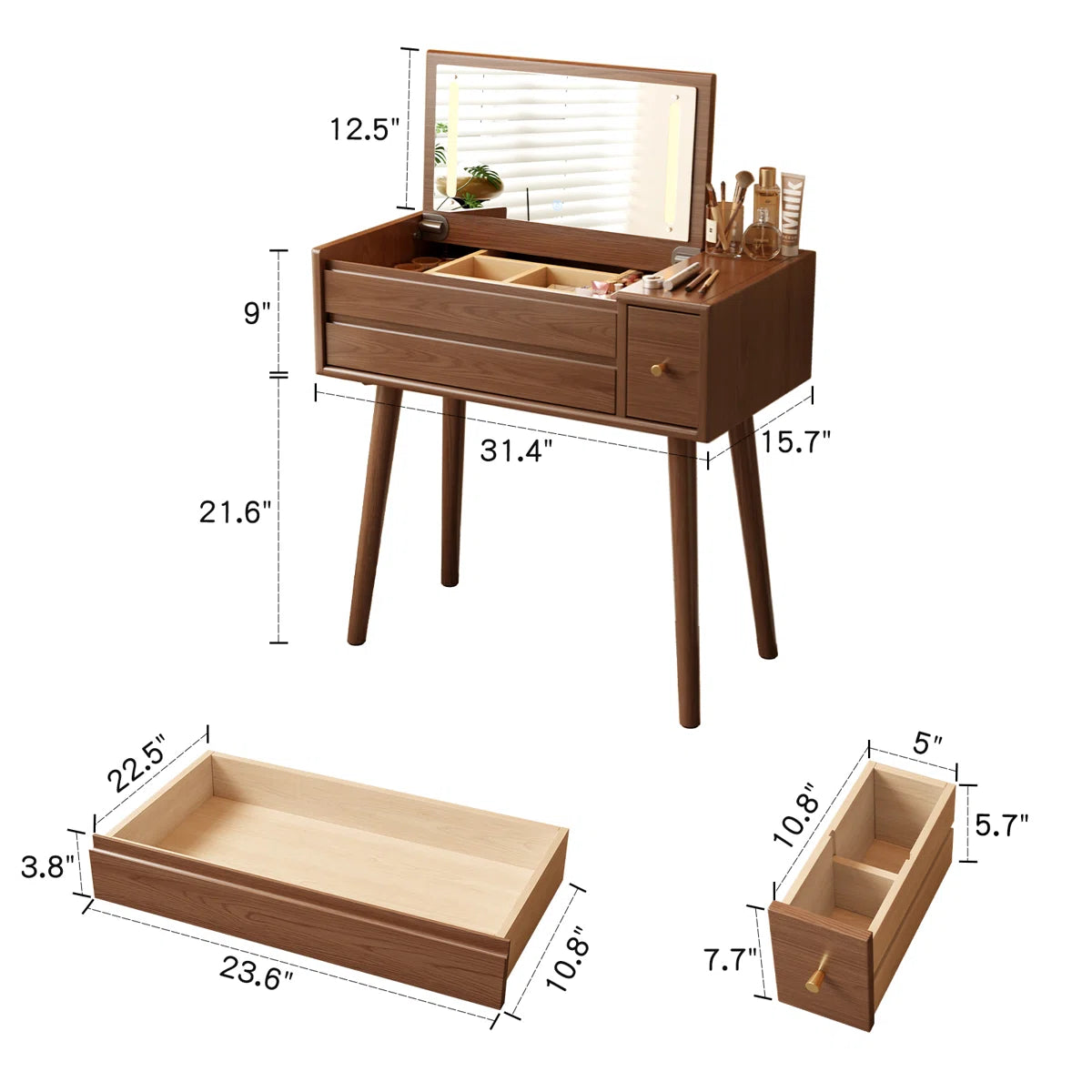 32" Solid Wood Flip-Up Mirror Vanity Desk & Storage OUCH CART