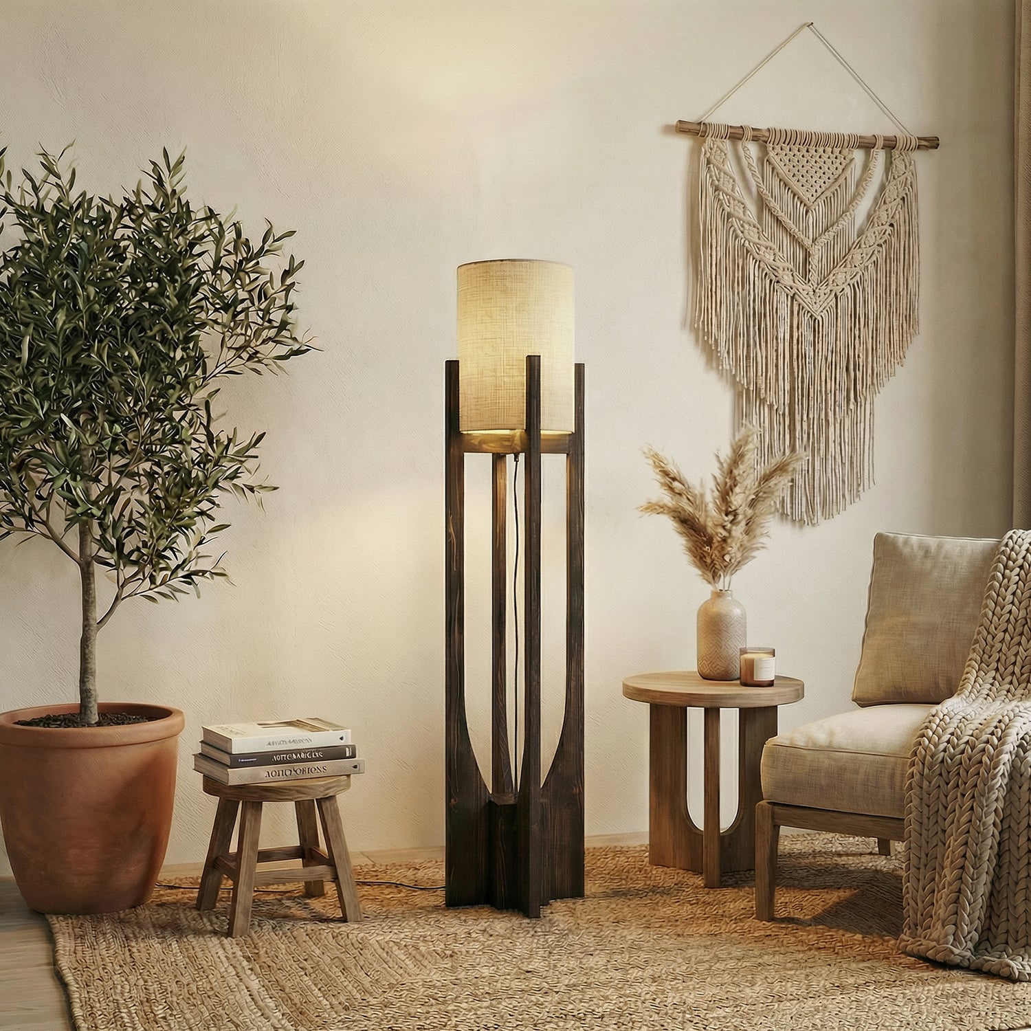 Solitaire Wooden Floor Lamp with Brown Base and White Fabric Lampshade (BULB NOT INCLUDED)