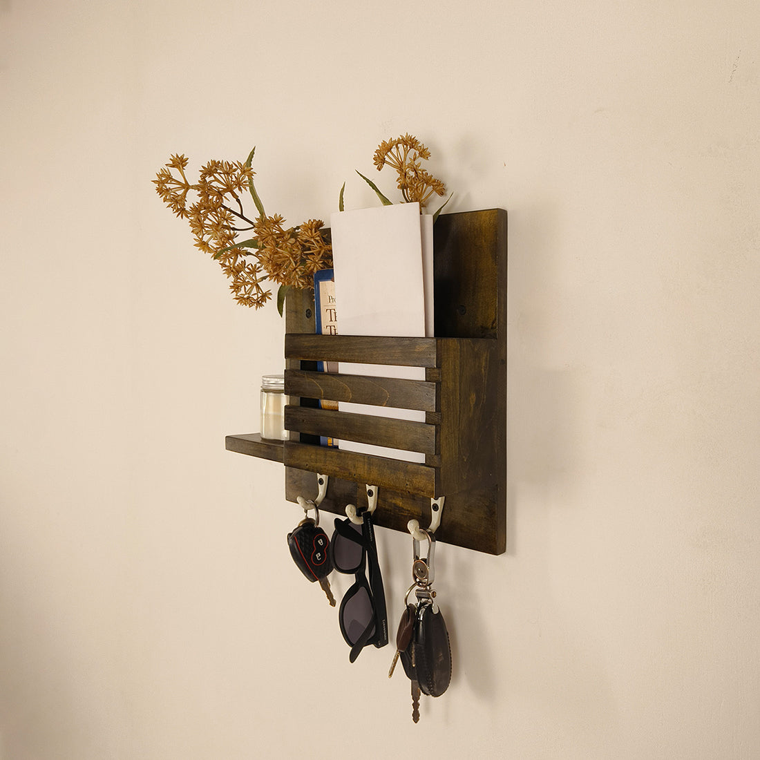Somerset Wooden Wall Shelf Organiser with Key Holders