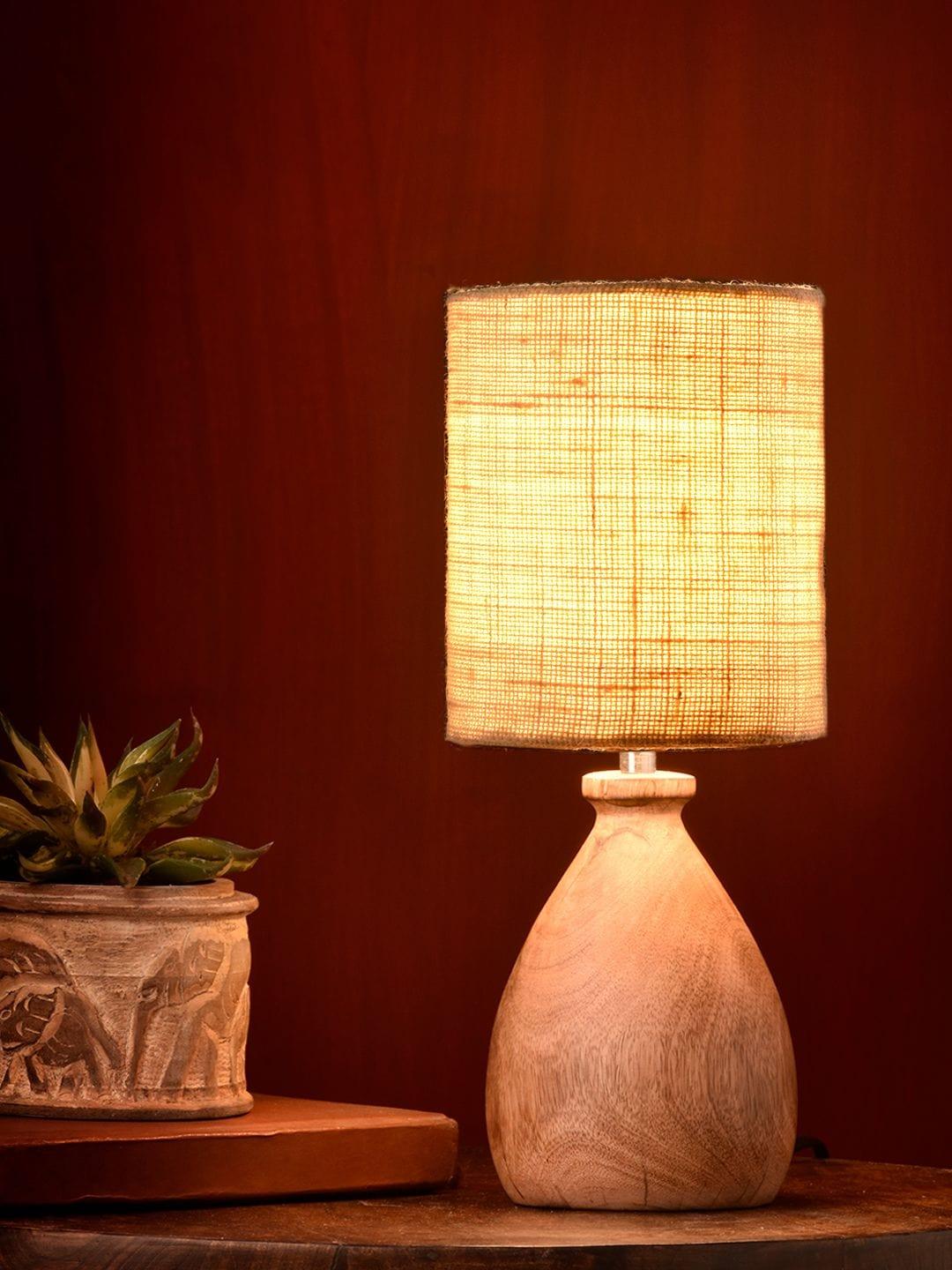 Wooden Dome Table Lamp with Jute White Shade - Ouch Cart