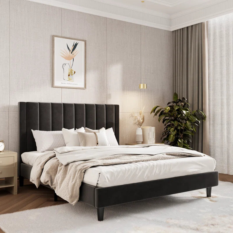Stauton Upholstered Platform Bed with Velvet and Striped Headboard