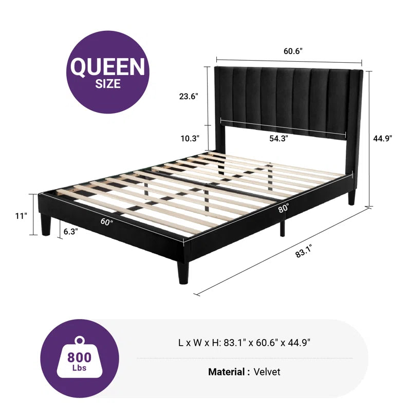 Stauton Upholstered Platform Bed with Velvet and Striped Headboard