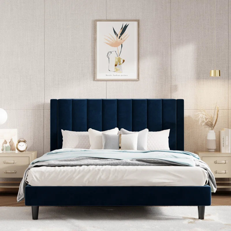 Stauton Upholstered Platform Bed with Velvet and Striped Headboard