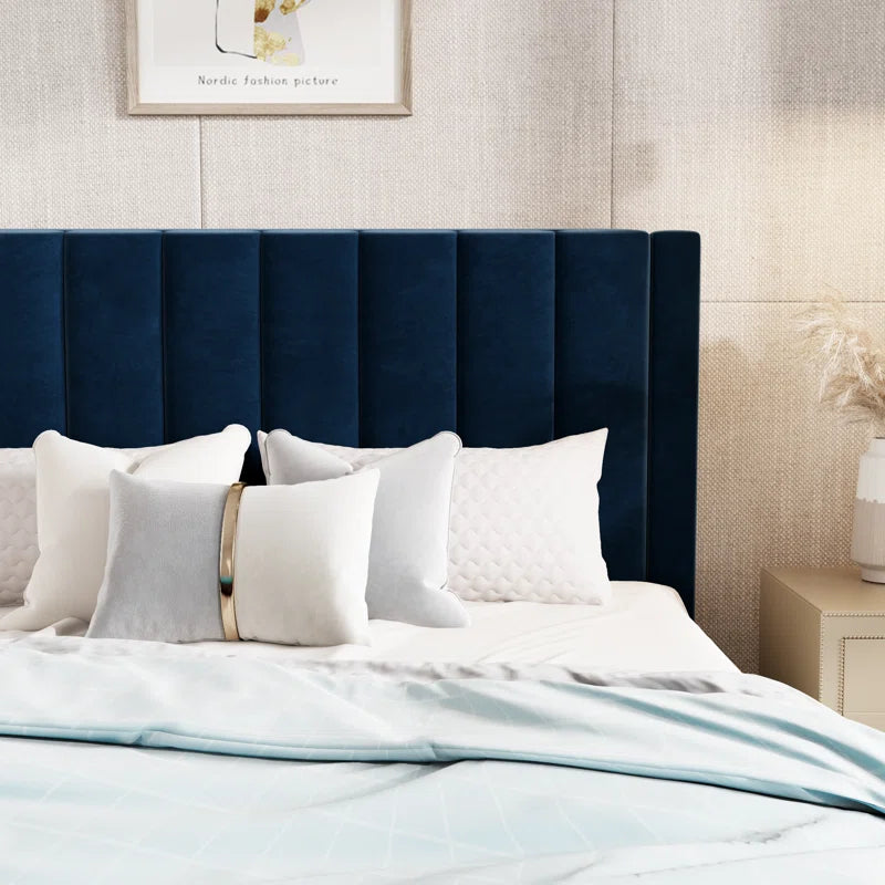 Stauton Upholstered Platform Bed with Velvet and Striped Headboard