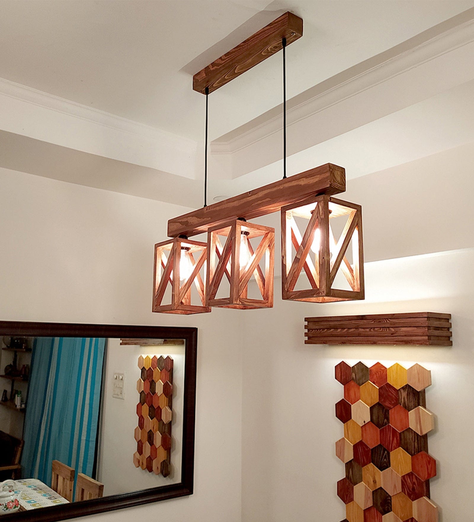 Symmetric Brown Wooden Series Hanging Lamp (BULB NOT INCLUDED)