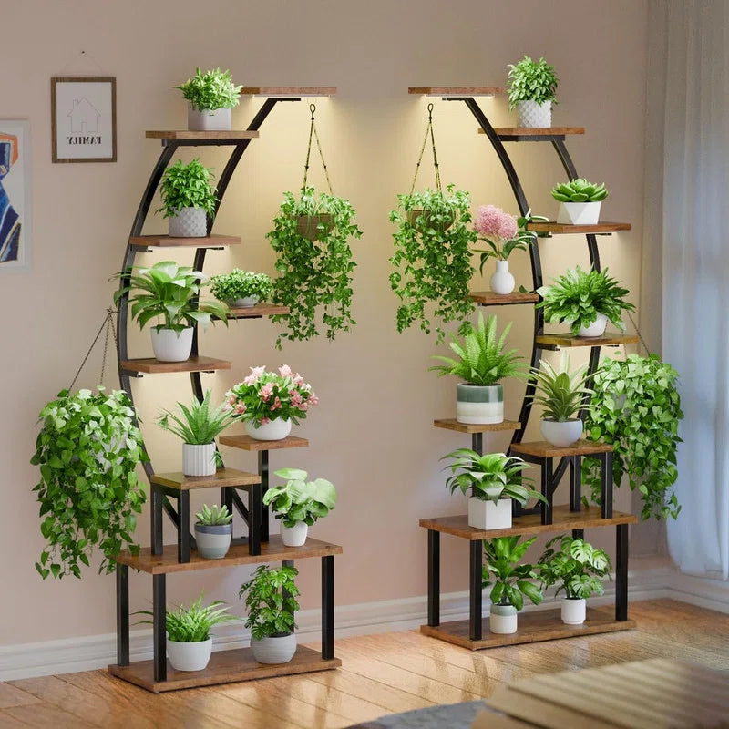 9-Tier Indoor Plant Stand with Grow Lights | Multi-Layer Metal & Wood Shelf Rack for Home Gardening OUCH CART