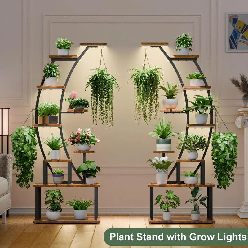 9-Tier Indoor Plant Stand with Grow Lights | Multi-Layer Metal & Wood Shelf Rack for Home Gardening OUCH CART