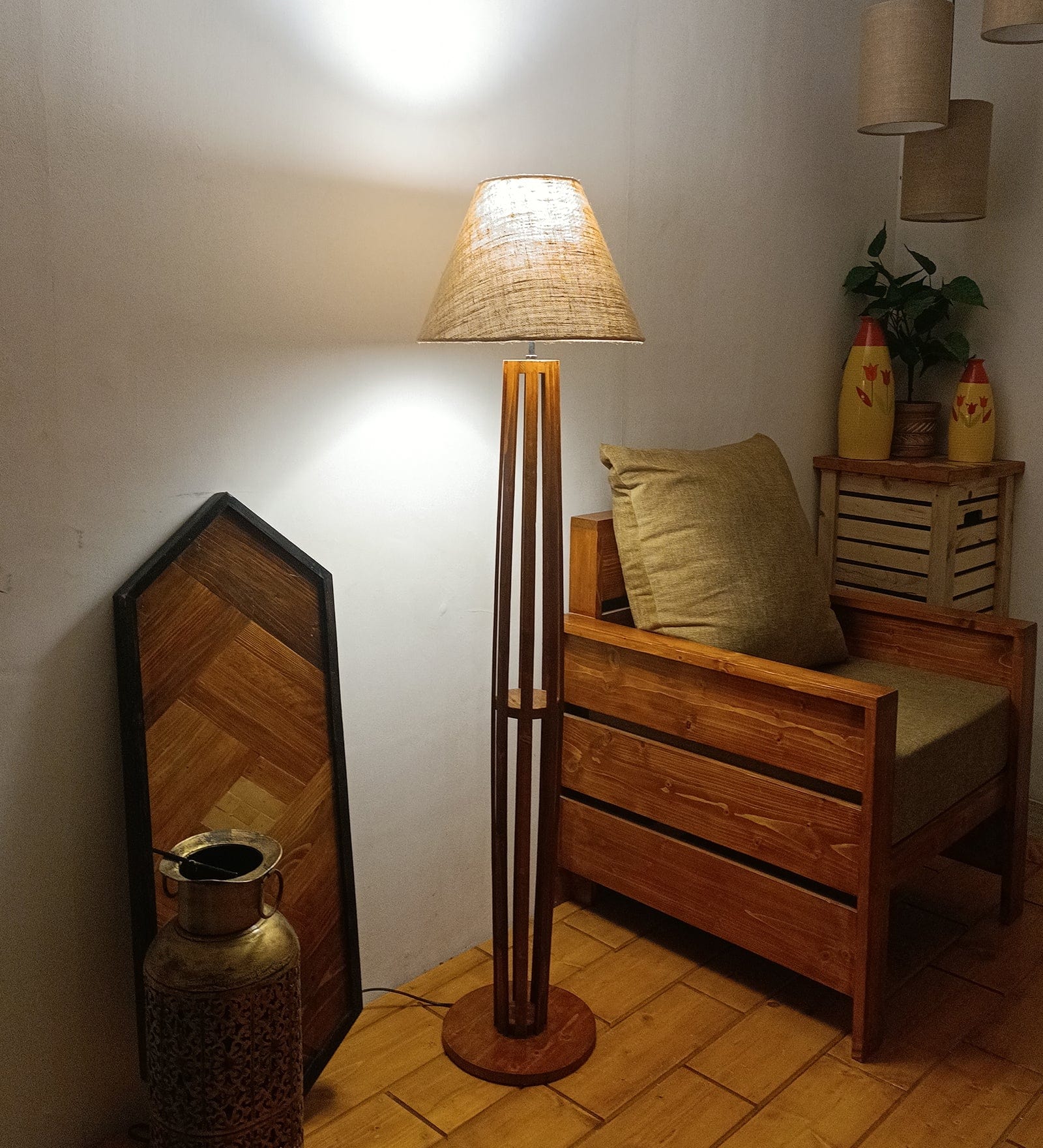 Tall Boy Wooden Floor Lamp With Yellow Printed Fabric Lampshade (BULB NOT INCLUDED)